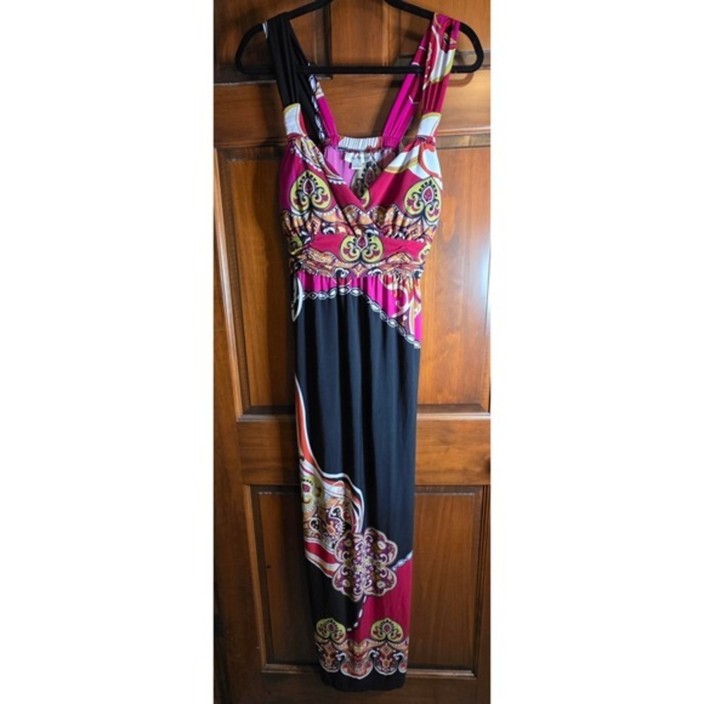 503 Olivia Matthews Womens Pink Black Paisley Print Sleeveless Maxi Dress Sz 14